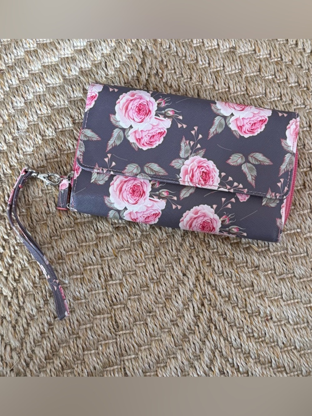 Floral Wristlet Wallet Clutch - Pink Roses on Neutral Gray Safe Keeper